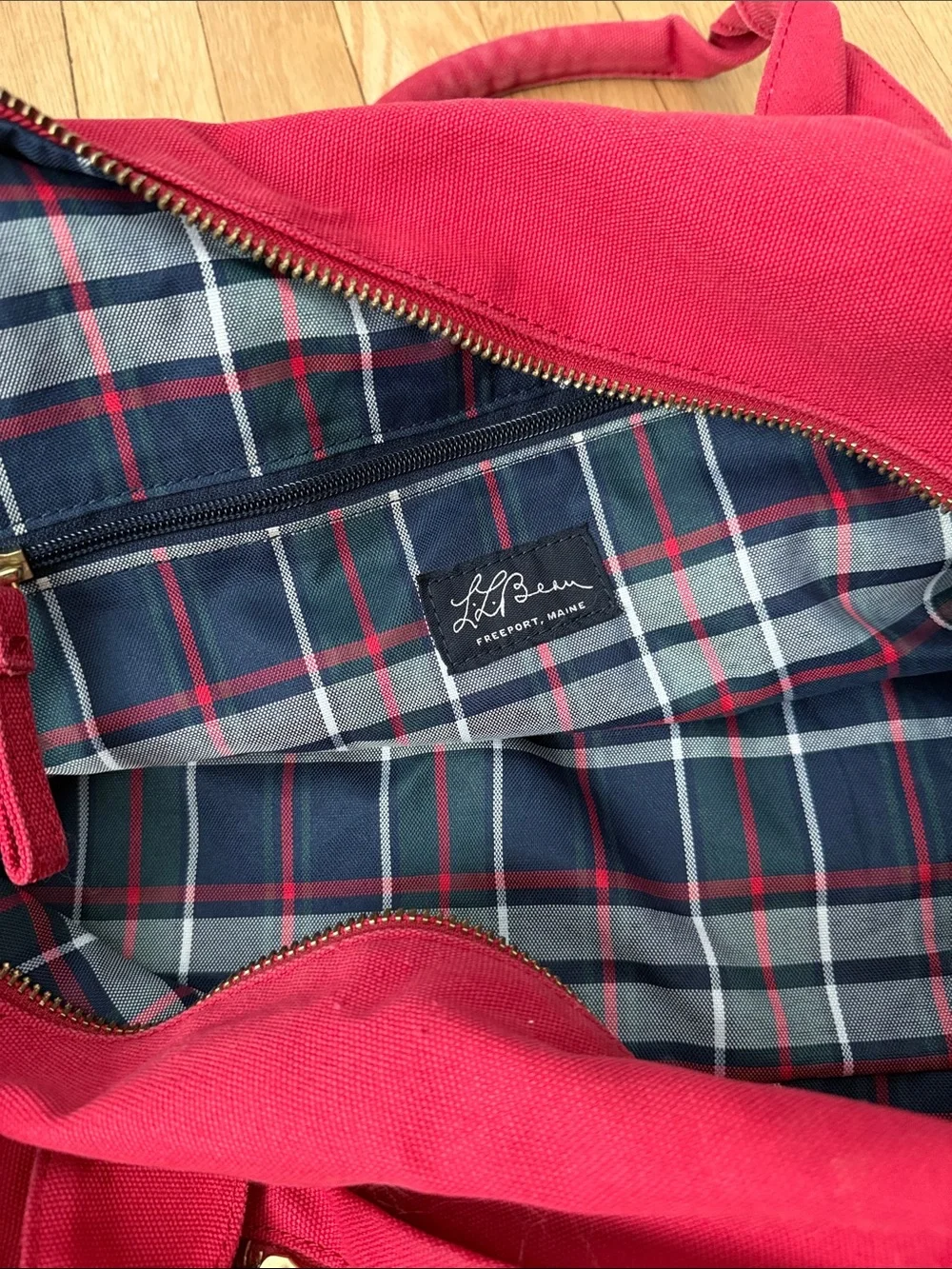 L.L. Bean Red Duffel Bag with Gold Hardware